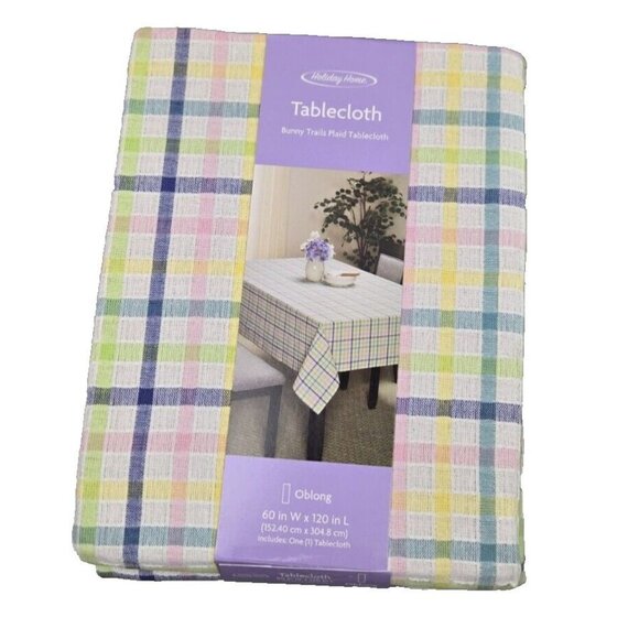HOLIDAY HOME Spring Easter Cotton Bunny Trails Plaid Tablecloth 60” X 120” - Picture 1 of 14